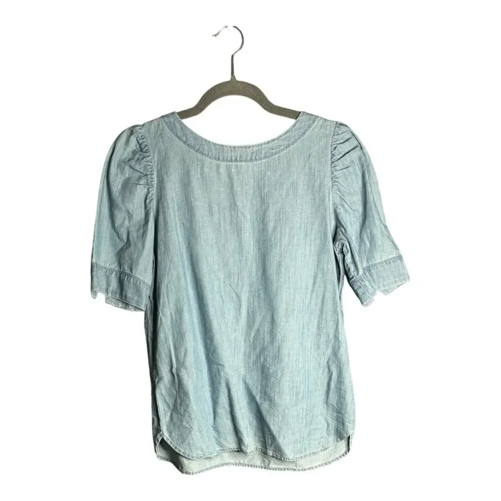 LOFT Short Puff Sleeve Denim Shirt High Round Neck Small Petite